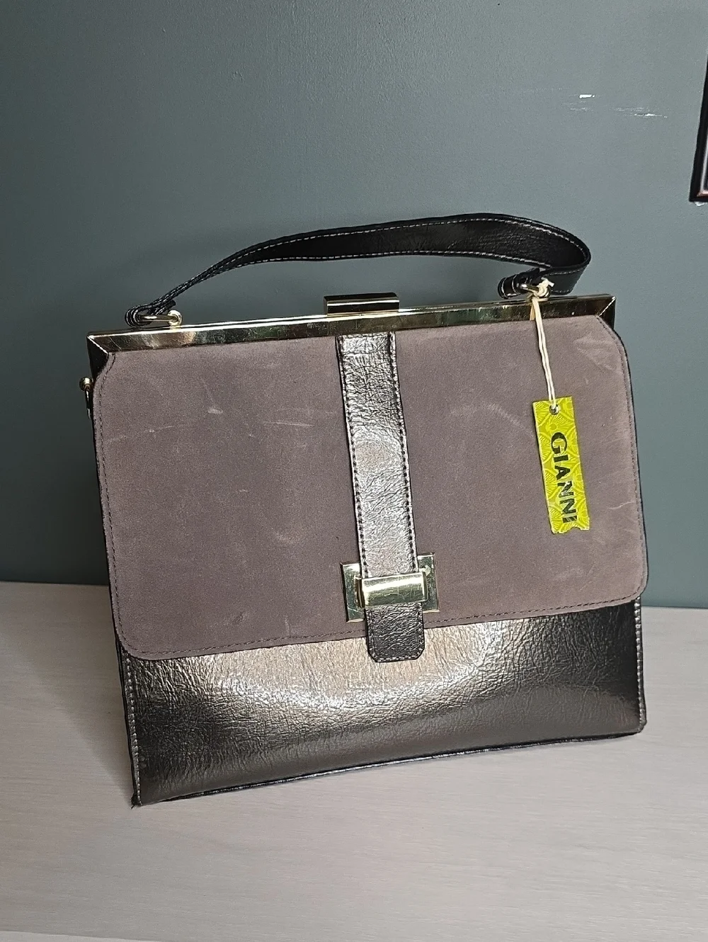 Ganni Two-Tone Gray Suede & Metallic Top-Handle Bag Lady Frame Satchel NWT